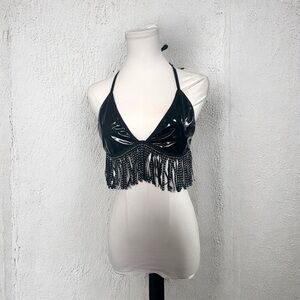 Black faux latex Fringe Halter Top festival whimsigoth punk XL